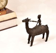 Handcrafted Vintage Brass Statue of Camel with Rider in Tribal Art