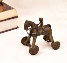 Handmade Vintage Brass Statue of Horse with Rider on Wheels