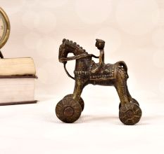 Handmade Vintage Brass Statue of Horse with Rider on Wheels