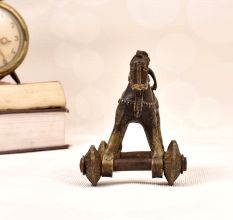 Handmade Vintage Brass Statue of Horse with Rider on Wheels