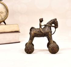 Handmade Vintage Brass Statue of Horse with Rider on Wheels