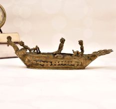 Bengali Art Handmade Brass Peacock Boat for Decoration