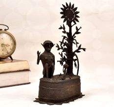 Vintage Brass Statue of Two Monkey Sitting Under Tree for Decor