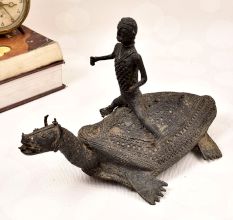 Handcrafted Vintage Folk Brass Turtle Statue with Rider for Decor