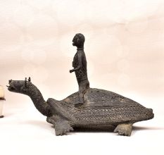 Handcrafted Vintage Folk Brass Turtle Statue with Rider for Decor