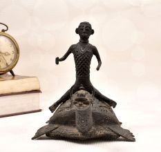 Handcrafted Vintage Folk Brass Turtle Statue with Rider for Decor