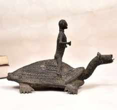 Handcrafted Vintage Folk Brass Turtle Statue with Rider for Decor