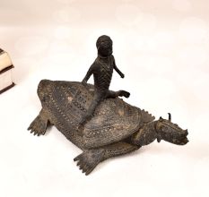 Handcrafted Vintage Folk Brass Turtle Statue with Rider for Decor