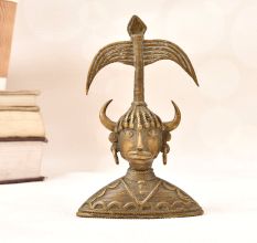 Traditional Folk Brass Female Bust Statue with Horns in Tribal Art