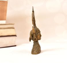 Traditional Folk Brass Female Bust Statue with Horns in Tribal Art