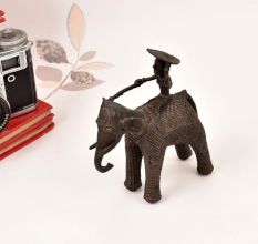 Tribal Art Handcrafted Brass Elephant with Rider in Vintage Finish
