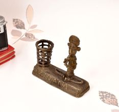 Vintage Brass Tribal Man Playing Instrument Statue in Bastar Art