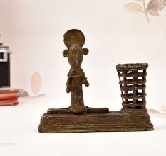 Vintage Brass Tribal Man Playing Instrument Statue in Bastar Art