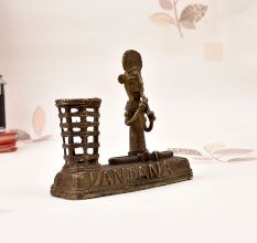 Vintage Brass Tribal Man Playing Instrument Statue in Bastar Art