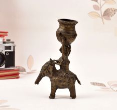 Handmade Bastar Art Brass Statue of Woman on Elephant for Decor