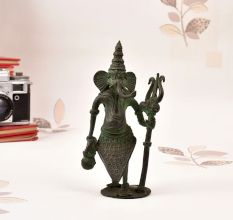Finest Tribal Brass Lord Ganesha Statue with Trident and Kamandal