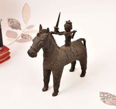 Gond Art Brass Statue of Horse with Rider in Vintage Finish