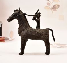 Gond Art Brass Statue of Horse with Rider in Vintage Finish