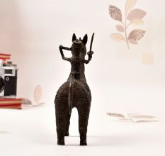 Gond Art Brass Statue of Horse with Rider in Vintage Finish