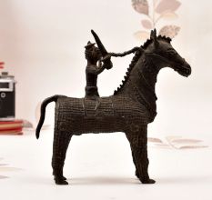 Gond Art Brass Statue of Horse with Rider in Vintage Finish
