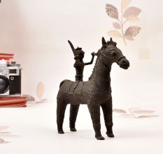 Gond Art Brass Statue of Horse with Rider in Vintage Finish