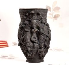 Tribal Art Brass Flower Pot with Engraving in Dark Finish