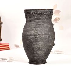 Tribal Art Brass Flower Pot with Engraving in Dark Finish