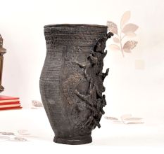 Tribal Art Brass Flower Pot with Engraving in Dark Finish