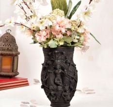 Tribal Art Brass Flower Pot with Engraving in Dark Finish