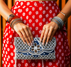 Handmade Cotton Beaded Clutch Bag with White and Brown Detailing