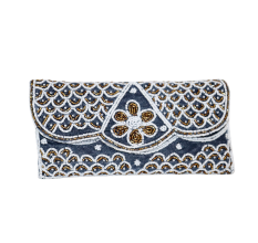 Handmade Cotton Beaded Clutch Bag with White and Brown Detailing
