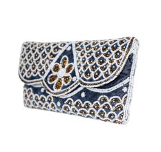 Handmade Cotton Beaded Clutch Bag with White and Brown Detailing