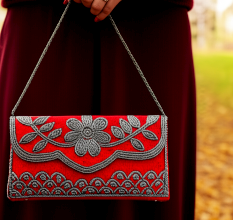 Handmade Velvet Beaded Clutch Bag with Chain Strap in Red Floral Design