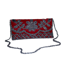 Handmade Velvet Beaded Clutch Bag with Chain Strap in Red Floral Design
