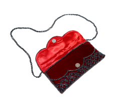 Handmade Velvet Beaded Clutch Bag with Chain Strap in Red Floral Design