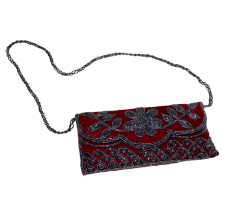 Handmade Velvet Beaded Clutch Bag with Chain Strap in Red Floral Design