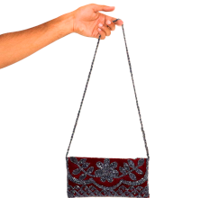 Handmade Velvet Beaded Clutch Bag with Chain Strap in Red Floral Design