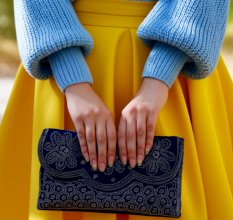 Handcrafted Velvet Beaded Clutch Bag with Chain Strap in Navy Blue Floral Design