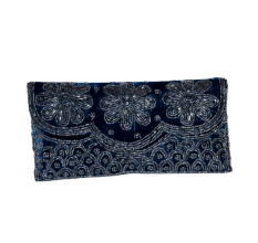 Handcrafted Velvet Beaded Clutch Bag with Chain Strap in Navy Blue Floral Design