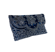 Handcrafted Velvet Beaded Clutch Bag with Chain Strap in Navy Blue Floral Design