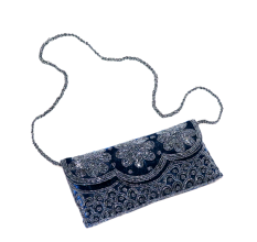 Handcrafted Velvet Beaded Clutch Bag with Chain Strap in Navy Blue Floral Design