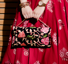 Handcrafted Velvet Beaded Clutch Bag with Gold Chain