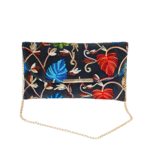 Cotton Embroidered Clutch Bag with Gold Chain in Vibrant Floral Design