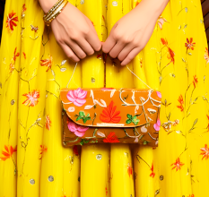 Handcrafted Cotton Embroidered Clutch with Gold Chain
