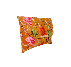 Handcrafted Cotton Embroidered Clutch with Gold Chain