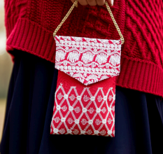 Red Cotton Phone Clutch Bag with Mirror Work and Gold Chain