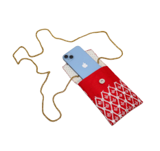 Red Cotton Phone Clutch Bag with Mirror Work and Gold Chain