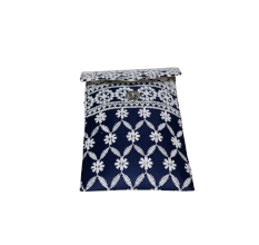 Navy Blue Floral Design Cotton Clutch Bag with Mirror Work and Gold Chain