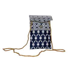 Navy Blue Floral Design Cotton Clutch Bag with Mirror Work and Gold Chain