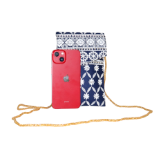 Navy Blue Floral Design Cotton Clutch Bag with Mirror Work and Gold Chain